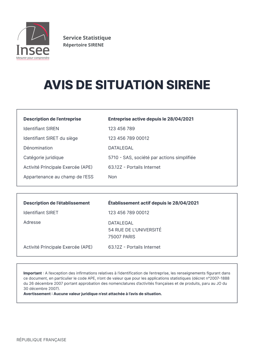 Document Avis situation Sirene