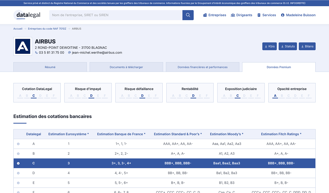 Données premium d'un exemple de page entreprise de datalegal.fr