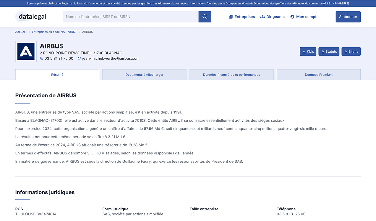 Exemple de page entreprise de datalegal.fr