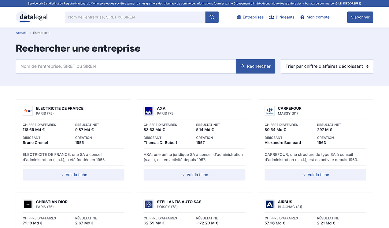 Moteur de recherche d'entreprises de datalegal.fr
